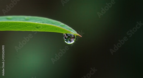 Water Drop Hanging From Leaf Tip Reflecting Surrounding Greenery Close-up