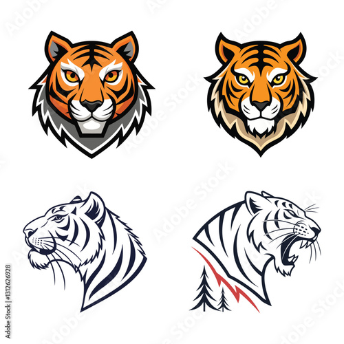 Tiger Head Mascot Collection: A compilation of stylized tiger head illustrations, each capturing the animal's ferocity and strength, suitable for various design applications.