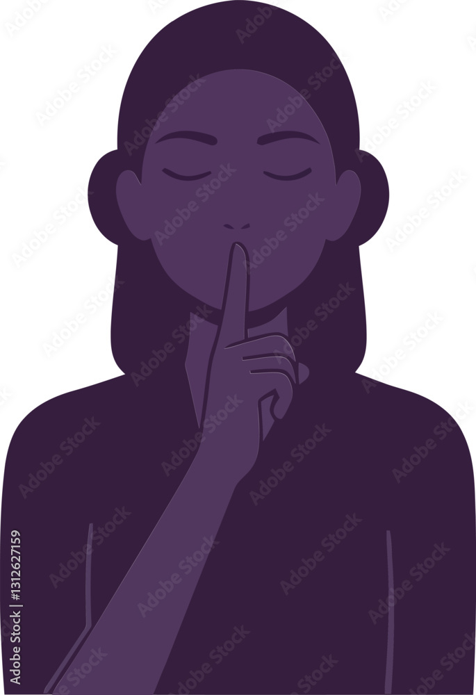 A woman with a finger on her lips signaling silence in a minimalistic design style showcasing calmness and serenity in vector art