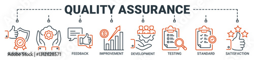Quality assurance web icon vector illustration concept with icon of guarantee, support, feedback, improvement, development, testing, standard, and satisfaction icons. Outline vector symbol background.