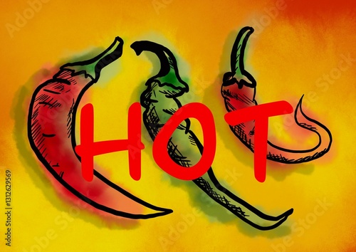  chili peppers on a watercolor background, hand-drawn illustration