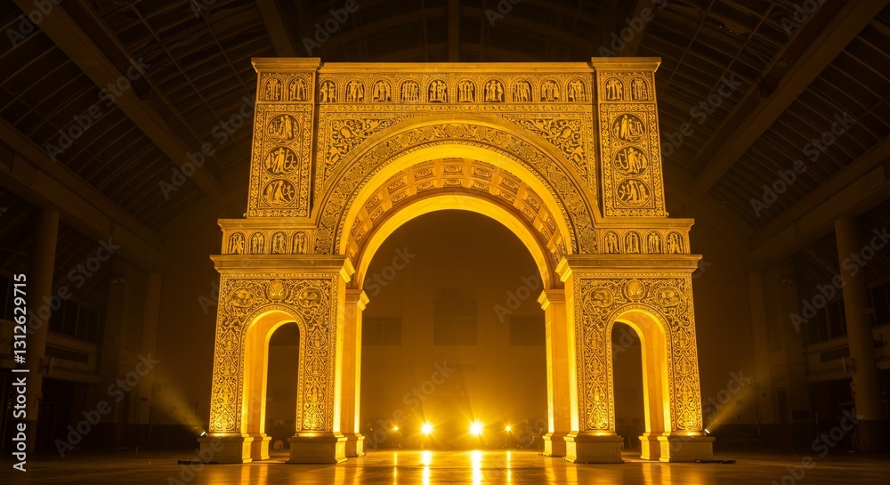 Obraz premium Majestic gold arch with intricate detailing, illuminated by elegant light effects, creating a warm and captivating glow