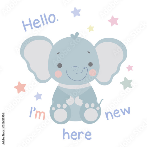 Flat design of a cute light gray baby elephant with stars and lettering on a white background. Vector illustration