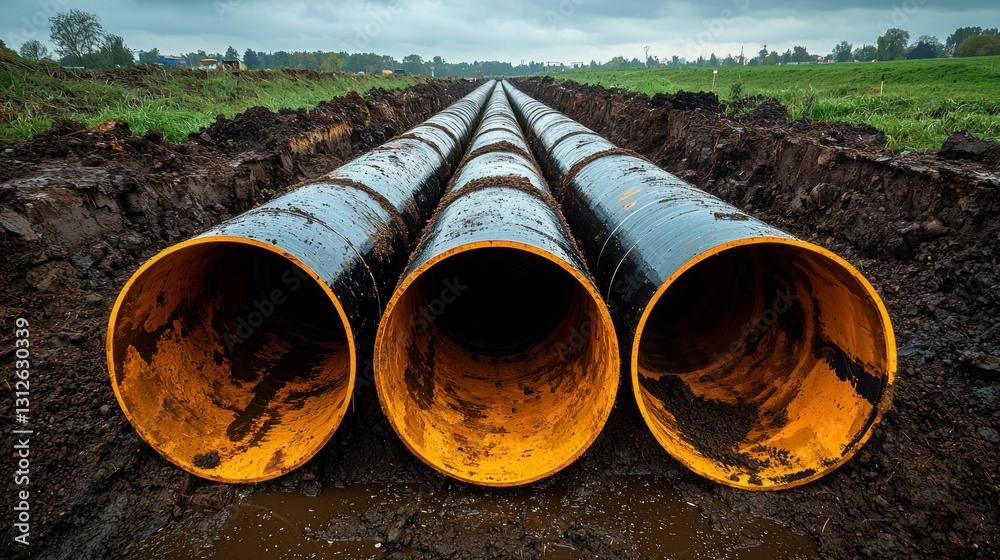 Pipeline construction large steel pipes laid in a trench, ground, rural scene Pipeline construction large steel pipes laid in a trench, ground, rural scene