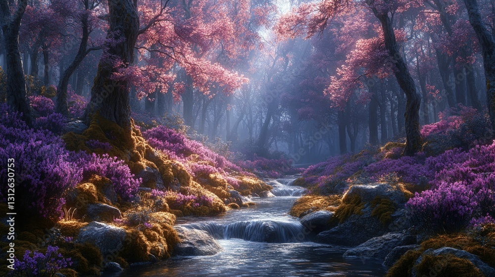 Enchanting stream flows through mystical purple forest. Enchanting stream flows through mystical purple forest.