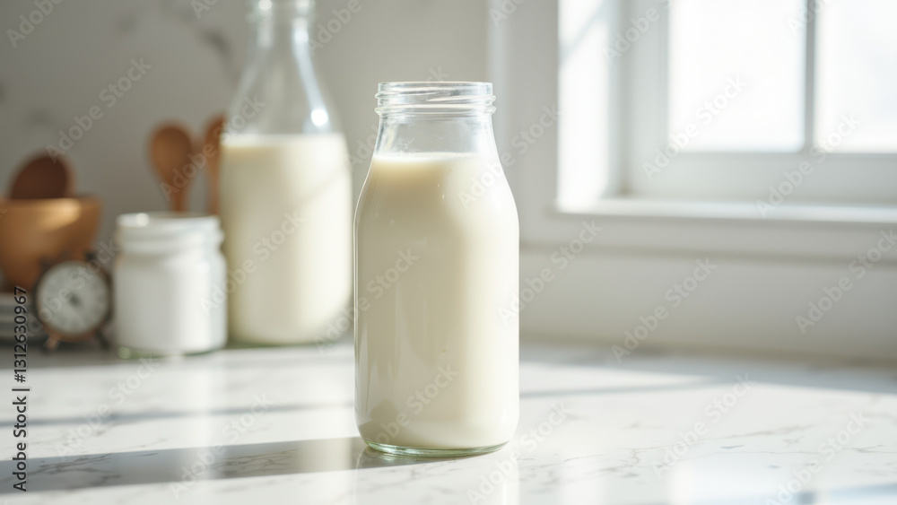 Glass bottle of milk on a counter, with other containers in the background. Glass bottle of milk on a counter, with other containers in the background.