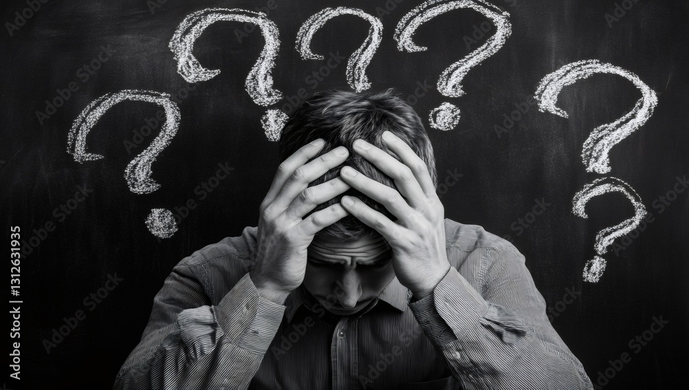 Overwhelmed by Questions: A stressed man with his hands on his head, surrounded by chalkboard question marks, captured in a monochromatic setting that evokes a sense of confusion, contemplation.