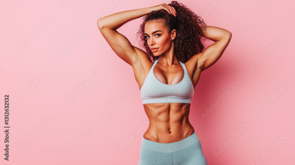 Obraz premium A Woman in Her 30s Striking a Fitness Pose, Showcasing Her Toned Abs and Arms, Against a Solid Light Pink Background