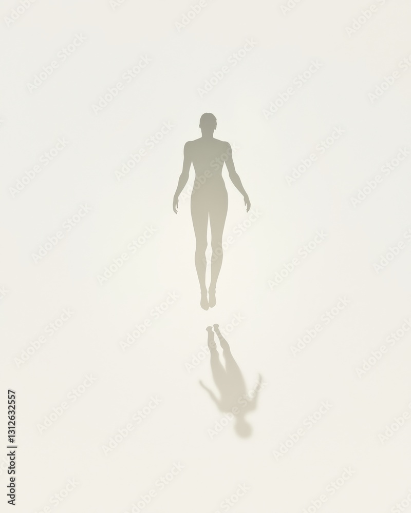 Ethereal silhouette standing on reflective surface in serene light setting Ethereal silhouette standing on reflective surface in serene light setting
