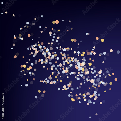 Playful abstract vector illustration of assortment of pastel-colored geometric shapes, including circles, stars, hexagons, squares. Dark blue festive background. Holiday confetti decor.