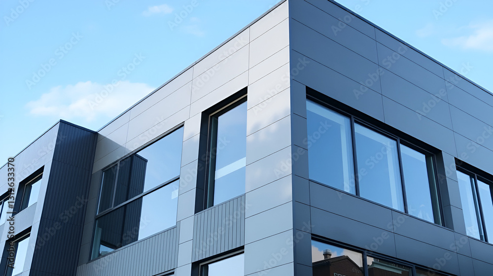 Obraz premium Modern office building facade with graphite cladding and large windows against a blue sky.