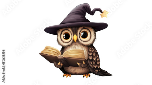 Cute wizard owl reading a magic book on transparent background