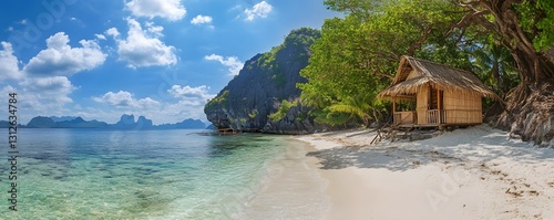 A peaceful coastal setting with a traditional bamboo hut on the beach