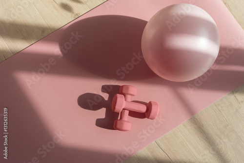 Pink pilates ball and dumbbells on a pink sport mat, prepared for a home workout, soft sunlight from the window conveys the atmosphere of the morning
