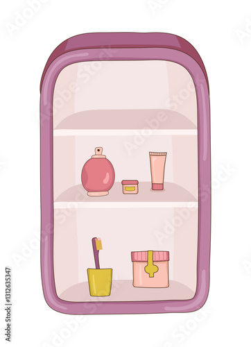Cabinet with shelves in cartoon style. Shelf, bookcase, bathroom cabinet. Isolated on white background. Decor for storage. Illustrations for a furniture store. hand drawn. Vector illustration.
