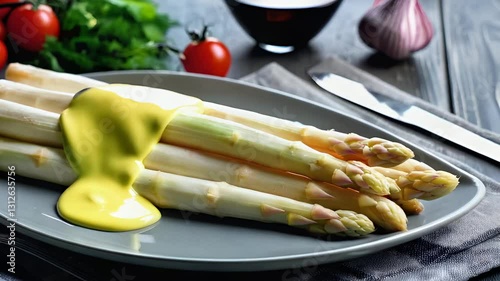 Frischer weißer Spargel auf einem Teller wird mit Sauce hollandaise übergossen 