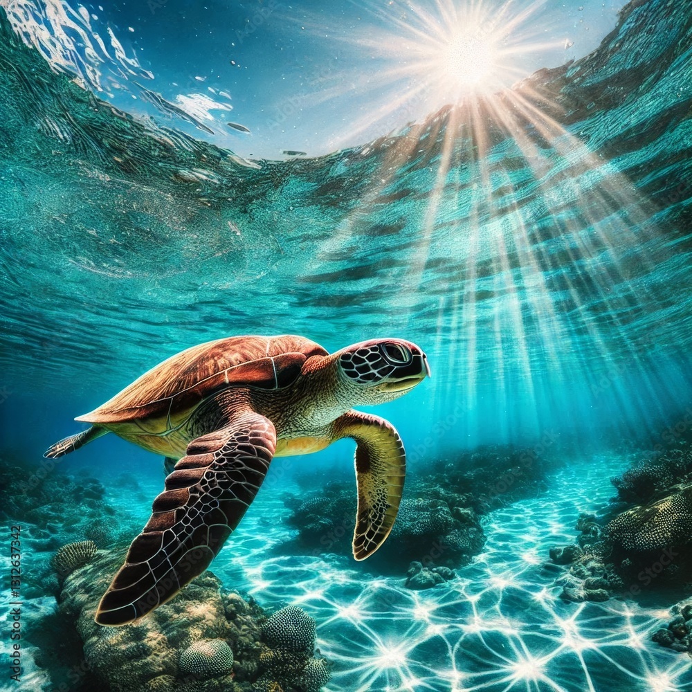 Obraz premium Graceful Sea Turtle in Blue Waters