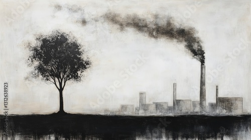 Ecological disaster. A lone tree among the parched earth and polluted air