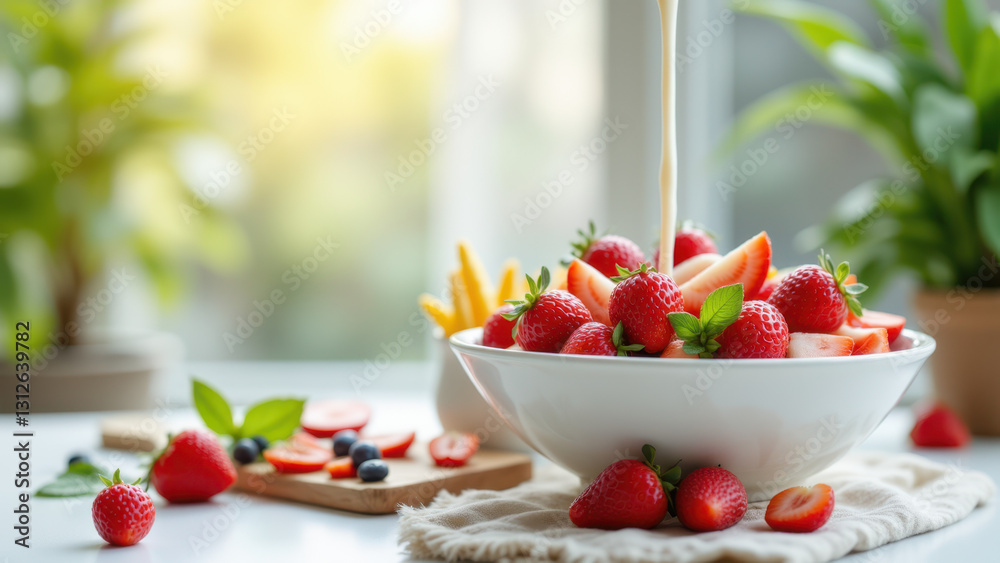 Fresh fruit smoothie ingredients on a table with milk being poured into the blender.