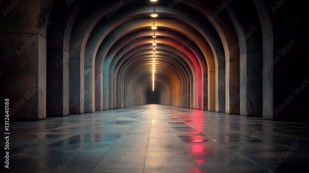 Obraz premium A long corridor featuring arches and a line of lights