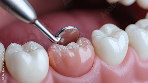 Close up of a dental scaler removing plaque and tartar from a tooth with a focus on the precision and care