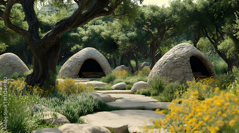 Fototapeta premium Stone Shelters in a Sunlit Mediterranean Garden