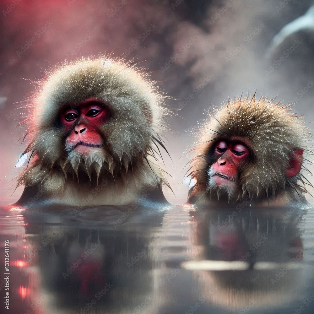 Fototapeta premium Hot Spring Serenity with Monkeys