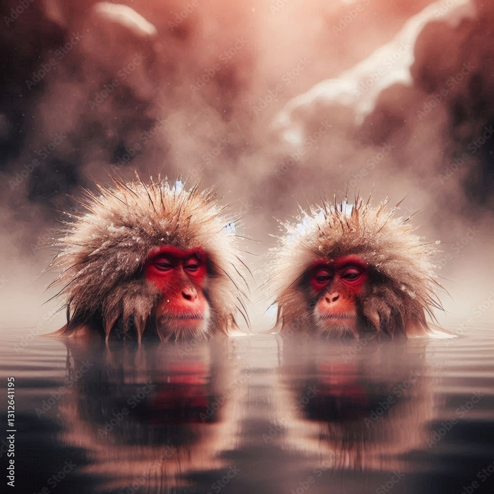Fototapeta premium Snow Monkeys Enjoying a Hot Spring