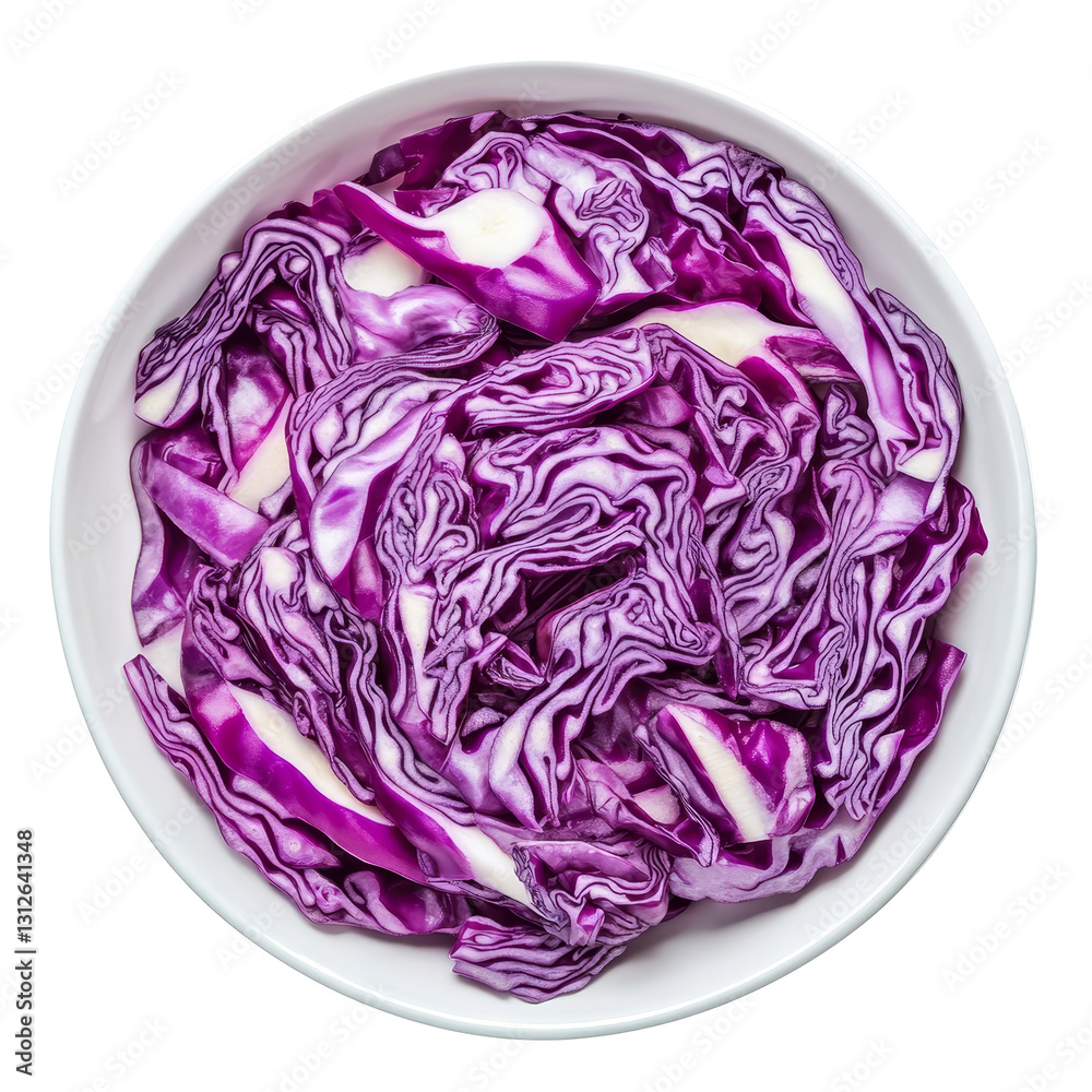 Freshly sliced red cabbage arranged in a bowl on a clean transparent background for healthy meal inspiration, sliced of red cabbage in plate on transparent background