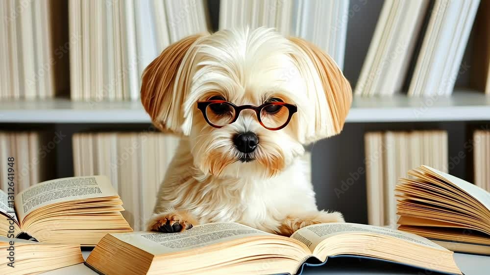 Cute dog wearing glasses enjoys reading books in a library, surrounded by knowledge Cute dog wearing glasses enjoys reading books in a library, surrounded by knowledge
