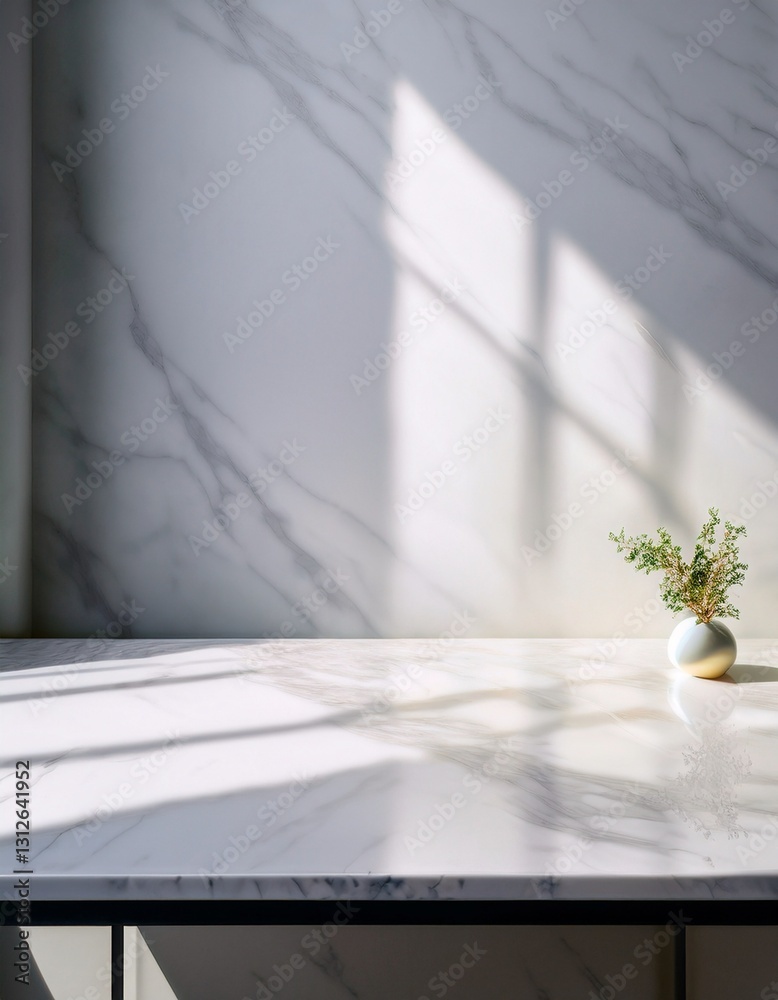 Luxury white marble table surface vertical background with natural light shadows on white wall for product placement and advertisement Luxury white marble table surface vertical background with natural light shadows on white wall for product placement and advertisement