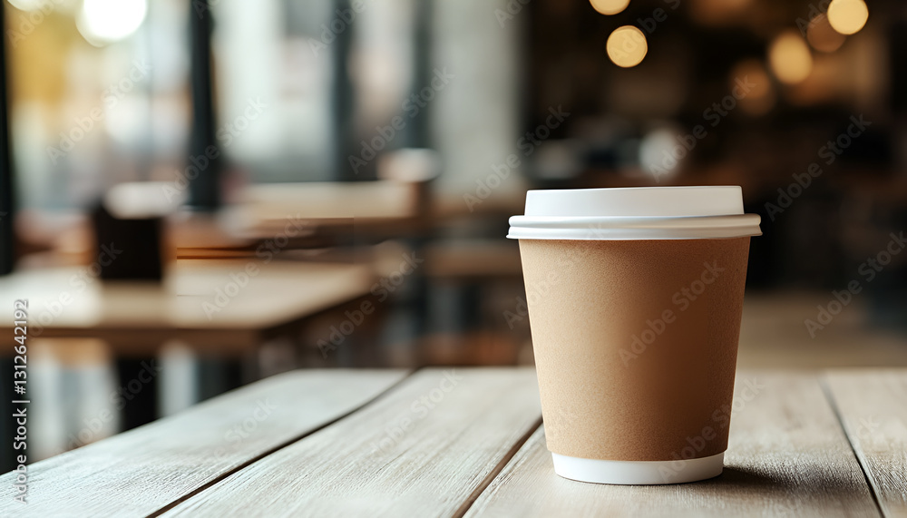 Paper cup on light wooden table in cafe, closed. Mockup for design Paper cup on light wooden table in cafe, closed. Mockup for design