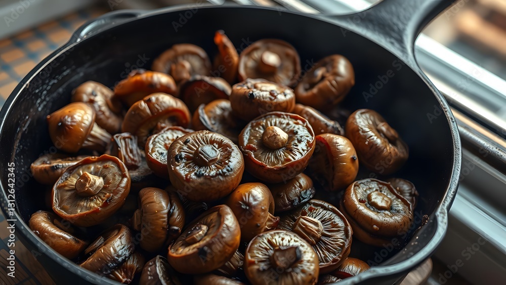 Fototapeta premium A close-up of sautéed brown mushrooms in a skillet, showcasing a delicious and healthy dish perfect for any gourmet meal. 