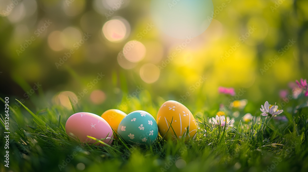 Multicolored Easter eggs are laid out on spring green grass among blooming flowers, in soft sunlight Multicolored Easter eggs are laid out on spring green grass among blooming flowers, in soft sunlight
