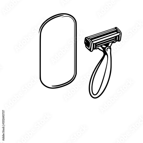 Bar of soap and shaving razor depicted together symbolize daily hygiene and skin care, single line vector outline black and white drawing