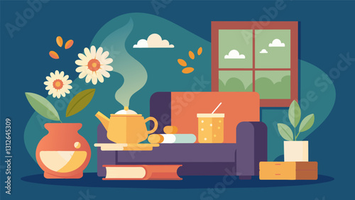 The living room becomes a cozy haven with the comforting scent of chamomile and bergamot perfect for curling up with a good book or enjoying a cup of tea.. Vector illustration