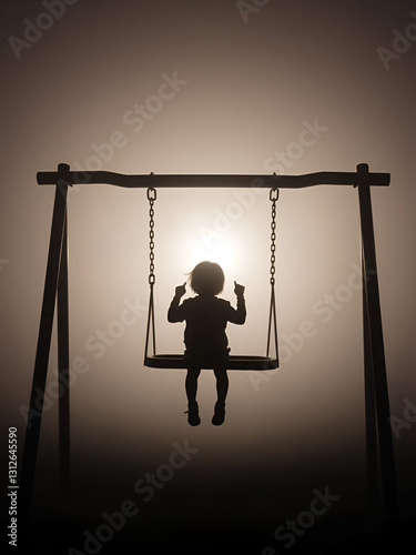 Silhouette of a child on a swing set, alone, surrounded by fog.