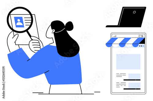 Woman examining a profile picture with a magnifying glass alongside symbols of digital and online shopping. Ideal for recruitment, e-commerce, digital marketing, verification, user research