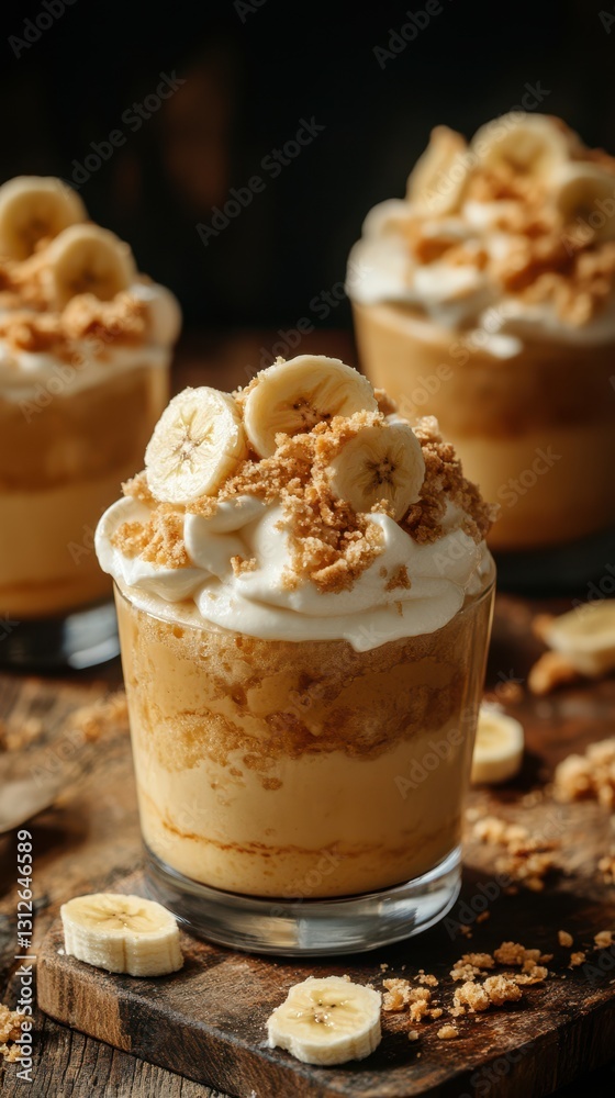 Delicious layers of banana dessert topped with whipped cream and crushed cookies on a rustic wooden table Delicious layers of banana dessert topped with whipped cream and crushed cookies on a rustic wooden table