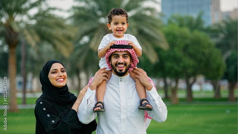 custom made wallpaper toronto digitalHappy Arab family on vacation, father with child on shoulders and the mother smiling, in a park setting, enjoying holiday outdoors.