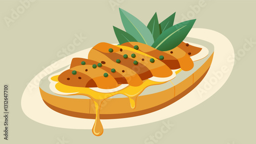 Roasted butternut squash and sage crostini drizzled with maple syrup.. Vector illustration