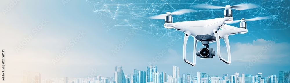 Futuristic Drone Technology Scanning Smart City Skyline with Network Connections and Cloud Data