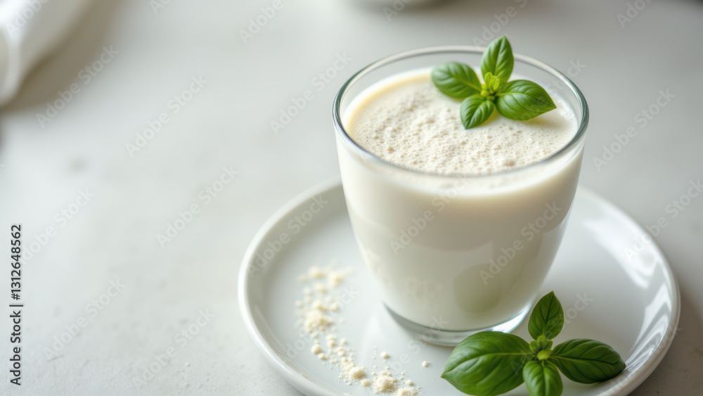 A glass of frothy white liquid on a plate with herbs. A glass of frothy white liquid on a plate with herbs.
