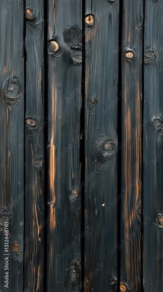 Textured wooden planks with a charcoal finish create a striking surface pattern and aged appearance in a contemporary setting Textured wooden planks with a charcoal finish create a striking surface pattern and aged appearance in a contemporary setting