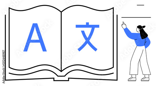 Open book with large letters in different scripts, person gesturing, suggesting learning, translation, and communication. Ideal for education, language, translation, literacy globalization