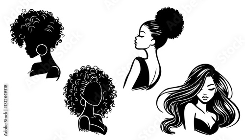 Black women faces set. African American girls with beautiful long hair. Vector illustration of silhouette with trendy haircut.