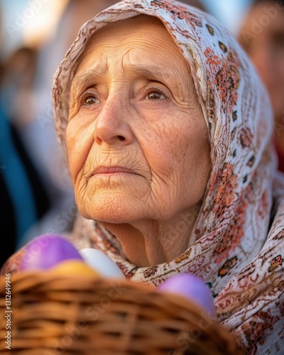 Wallpaper Mural Elderly woman in traditional attire holding easter basket with eggs Torontodigital.ca