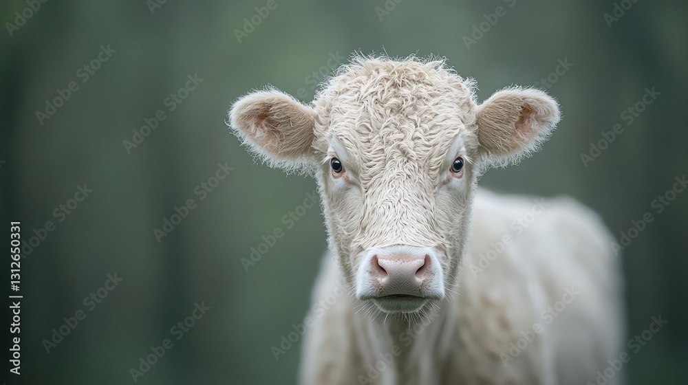 Fototapeta premium White Calf Portrait in Rainy Pasture