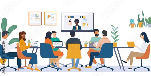 A group of business people are having an online meeting in the conference room, sitting around a table with laptops and paper documents on it, while watching each other through a 