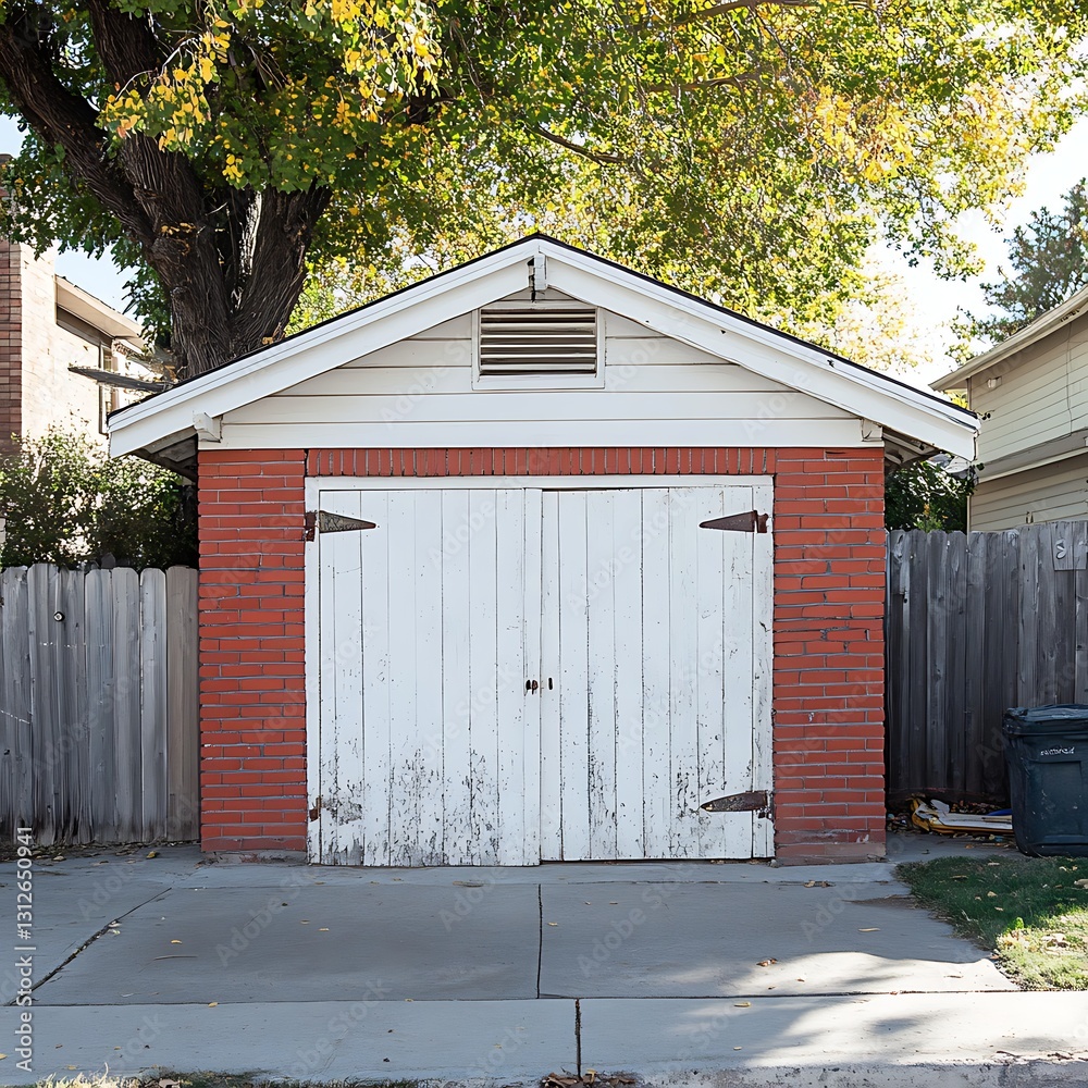 Garage with brick exterior and white door, daytime Garage with brick exterior and white door, daytime